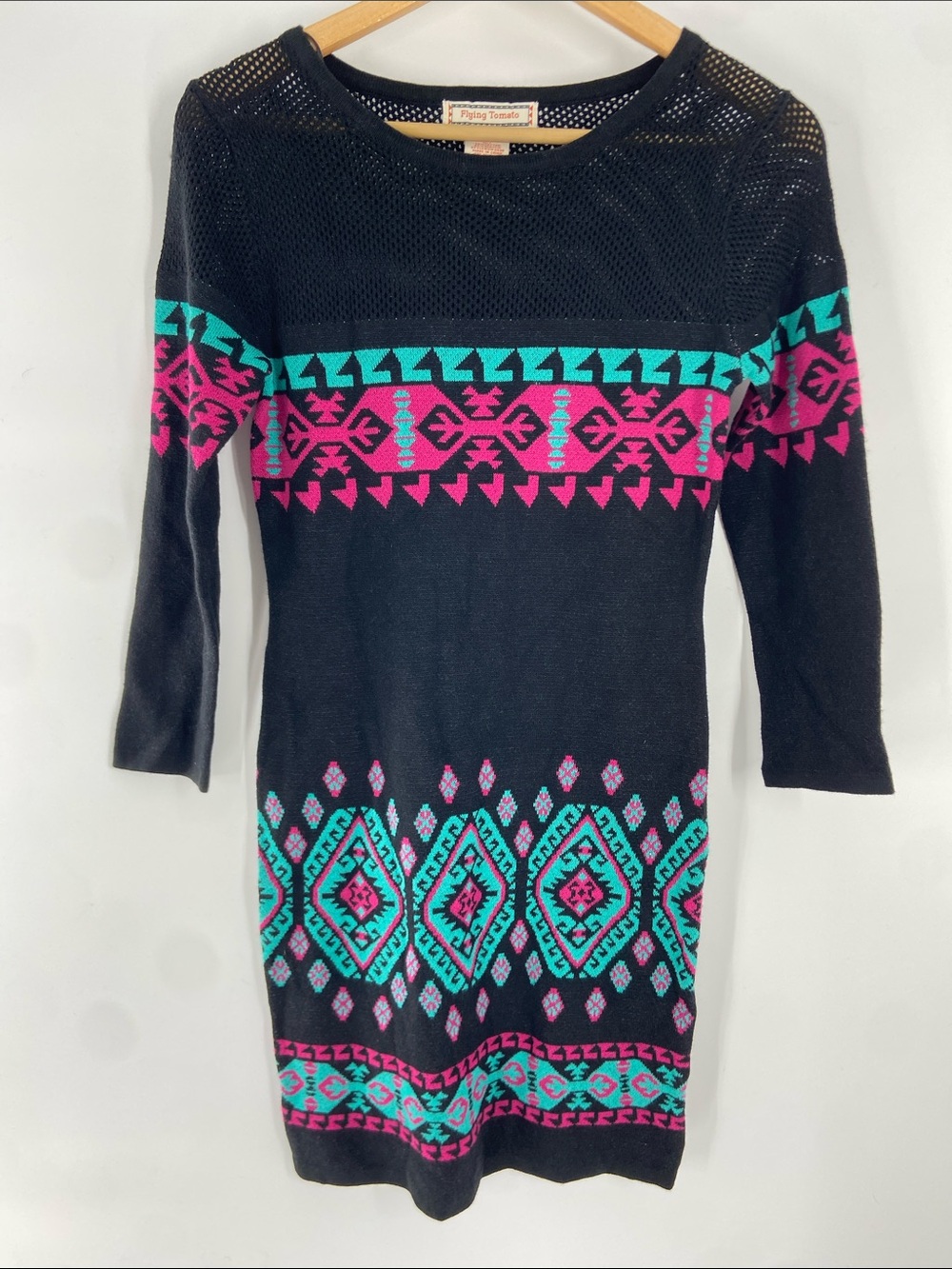 Flying Tomato Black Multi Colored Scoop Neck Sweater Dress Size S Gently Used